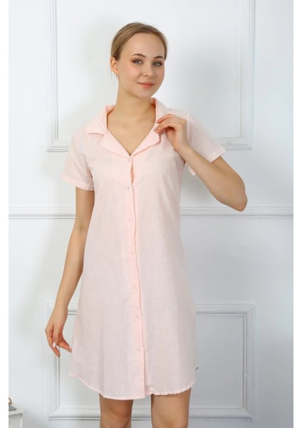 Kadın Pamuk Keten Kısa Kol Düğmeli Pudra Tunik Gecelik modelleri