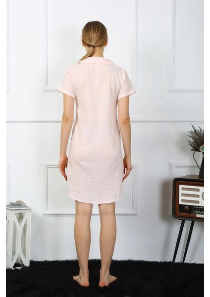 Kadın Pamuk Keten Kısa Kol Düğmeli Pudra Tunik Gecelik indirimleri
