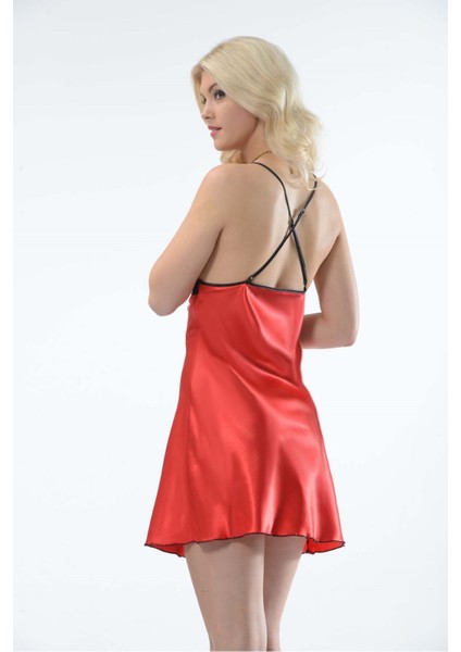 Kırmızı Dantelli Saten Gecelik - M-383