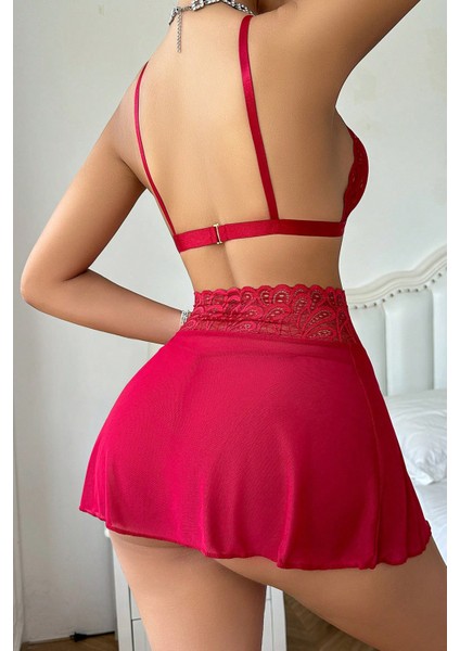 Kadın Kırmızı Göğsü ve Beli Dantel Detaylı Etekli Takım fiyatları