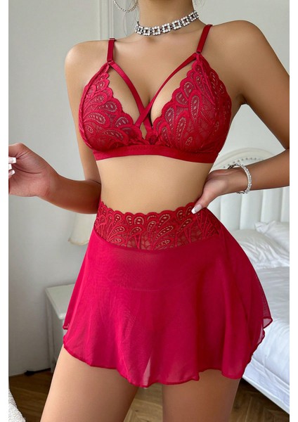 Kadın Kırmızı Göğsü ve Beli Dantel Detaylı Etekli Takım modelleri