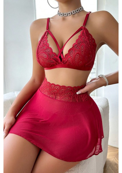 Kadın Kırmızı Göğsü ve Beli Dantel Detaylı Etekli Takım fırsatları