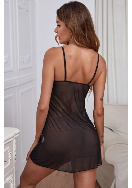 Kadın Siyah V Yaka Dantel Detaylı Tül Gecelik fiyatları