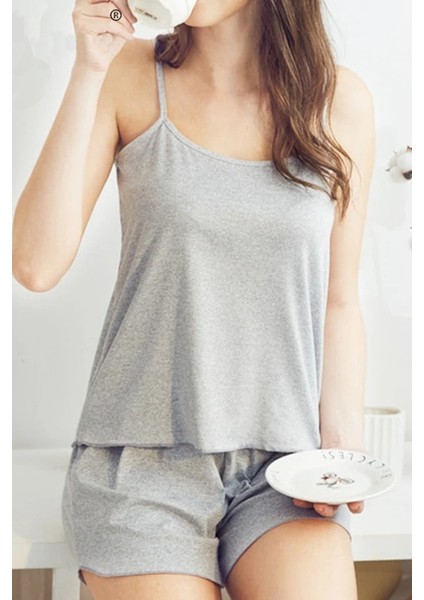 Kadın Gri Şortlu Penye Gecelik Takımı modelleri