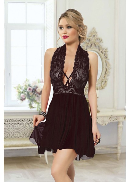 Kadın Siyah Çapraz Bağlı Kısa Tül Dantel Gecelik