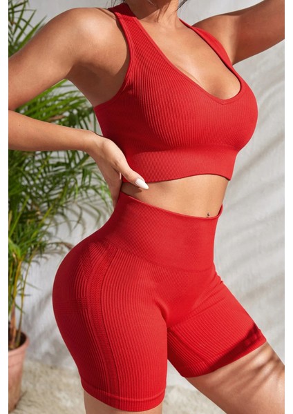 Kadın Kırmızı Yüksek Bel Çapraz Sırt Detaylı Şortlu Gecelik Takım modelleri