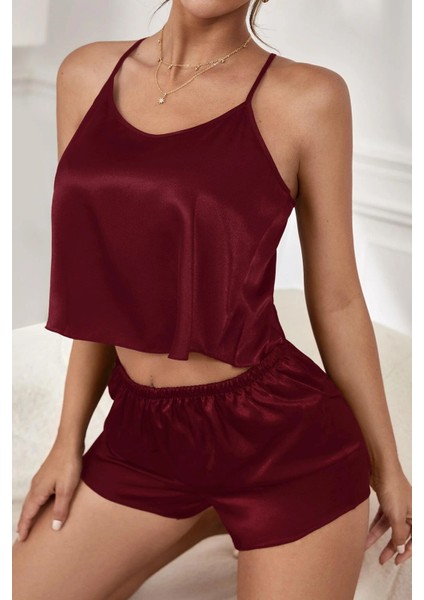 Kadın Bordo Asimetrik Sırt Dekolte Detaylı Şık Şortlu Gecelik Takım modelleri