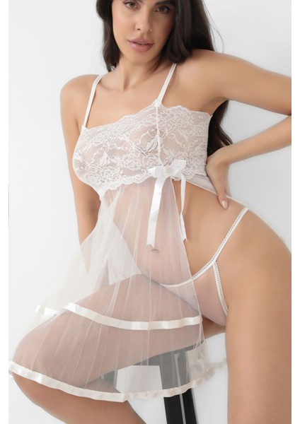 Beyaz Şifon Pileli GECELIK-835 modelleri