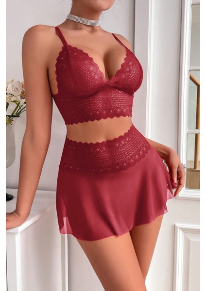 Kadın Bordo Dantel ve Tül Detaylı Etekli Şık Gecelik Takımı