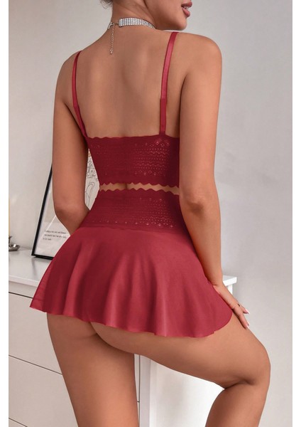 Kadın Bordo Dantel ve Tül Detaylı Etekli Şık Gecelik Takımı fiyatları