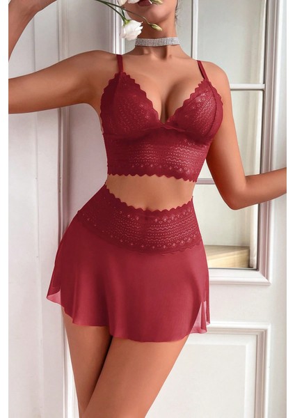 Kadın Bordo Dantel ve Tül Detaylı Etekli Şık Gecelik Takımı fırsatları