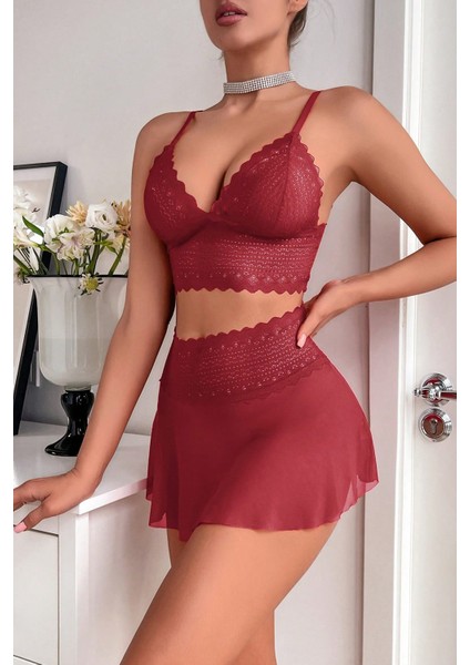 Kadın Bordo Dantel ve Tül Detaylı Etekli Şık Gecelik Takımı indirimleri