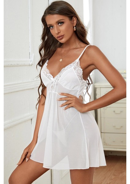 Kadın Beyaz V Yaka Dantel Detaylı Tül Gecelik modelleri