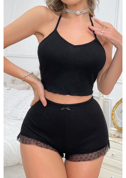 Kadın Siyah Kaşkorse Sırt ve Bacak Kısmı Puantiyeli Şortlu Gecelik Takım fırsatları