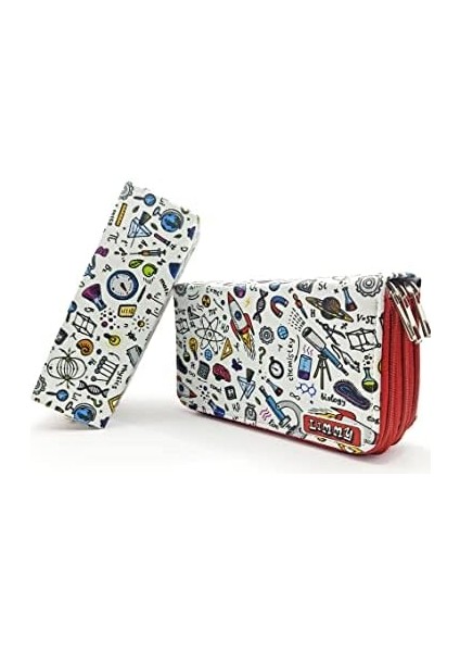 Kalem Kutusu Fen Bilimi Desenli Kawai Organizer Kalemkutu Vegan Deri Üç Bölmeli Kalemlik - Kırmızı