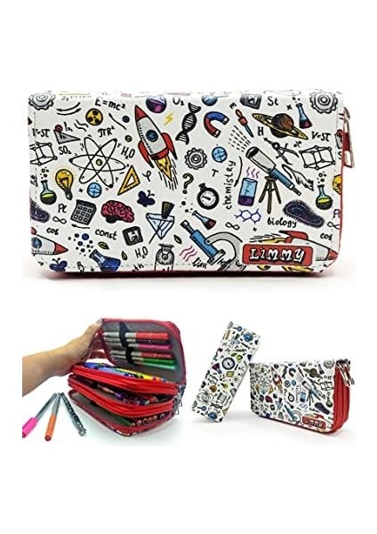 Kalem Kutusu Fen Bilimi Desenli Kawai Organizer Kalemkutu Vegan Deri Üç Bölmeli Kalemlik - Kırmızı modelleri