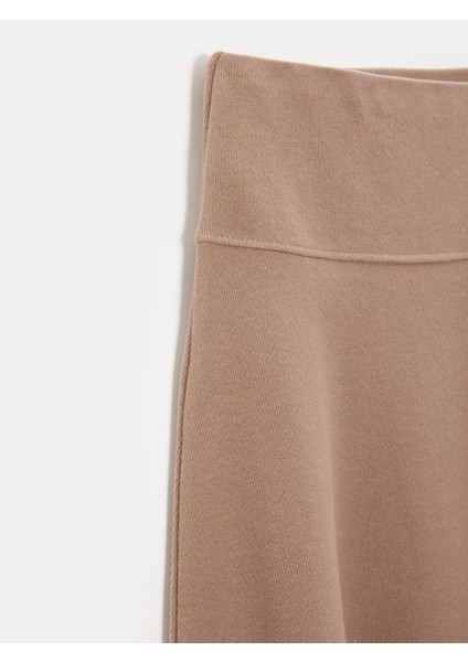 80390 Beli Lastikli Örme Midi Etek-Vizon