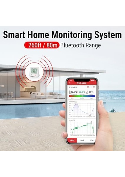 TP357 260FT Bluetooth Higrometre, Uzaktan Sıcaklık ve Nem Monitörü ve Akıllı App Ile, Maksimum ve Min Kayıtlı Sıcaklık ve Nem Sensörü Ölçer, Gümüş