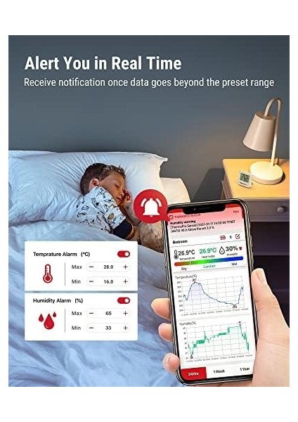 TP357 260FT Bluetooth Higrometre, Uzaktan Sıcaklık ve Nem Monitörü ve Akıllı App Ile, Maksimum ve Min Kayıtlı Sıcaklık ve Nem Sensörü Ölçer, Gümüş modelleri