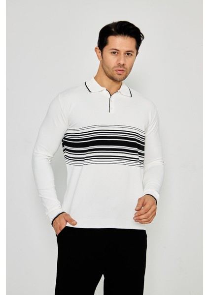 Erkek Göğüs Çizgili Örme Kazak Şık ve Rahat Günlük Kullanıma Uygun Düğmeli Polo Yaka Kısa Kol Kazak