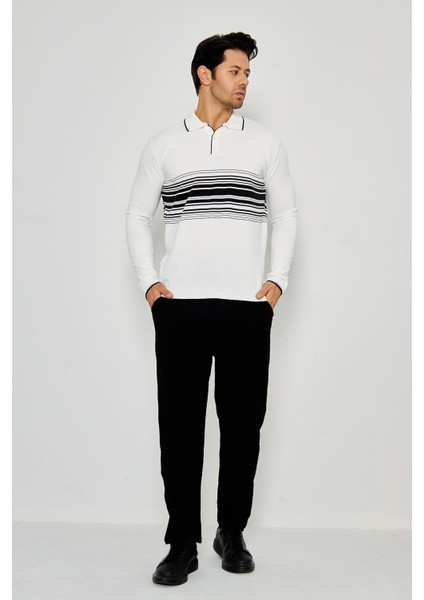 Erkek Göğüs Çizgili Örme Kazak Şık ve Rahat Günlük Kullanıma Uygun Düğmeli Polo Yaka Kısa Kol Kazak modelleri