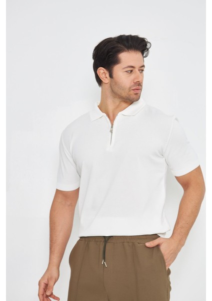Erkek Yazlık Rahat ve Trend Polo Yaka ve Dikey Fermuarlı Klasik Kısa Kollu Kazak