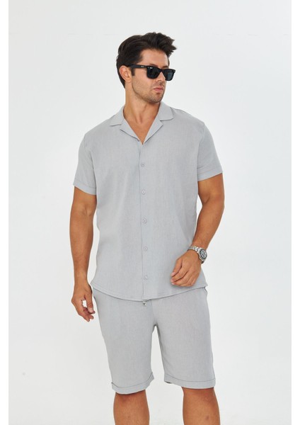 Erkek Keten Apaş Yaka Kısa Kol Gömlek - Şort Takım