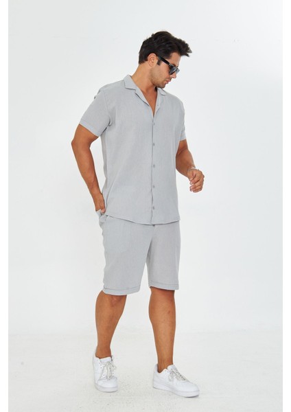 Erkek Keten Apaş Yaka Kısa Kol Gömlek - Şort Takım fiyatları