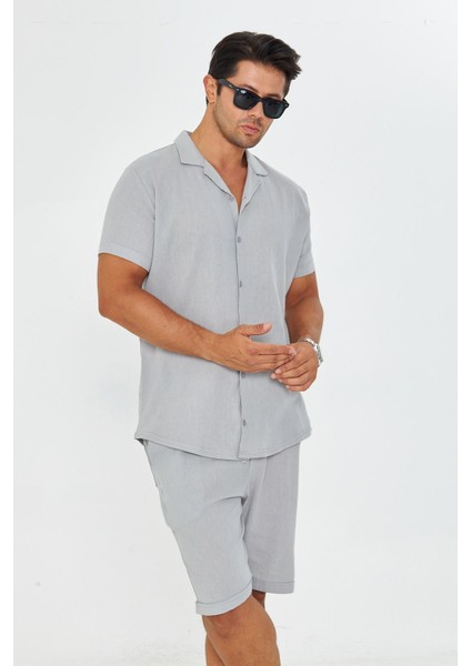 Erkek Keten Apaş Yaka Kısa Kol Gömlek - Şort Takım modelleri