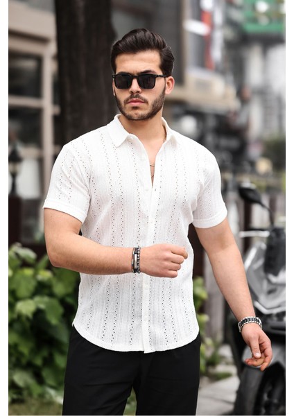 Erkek Kısa Kol Çapraz Delikli Özel Tasarım Örme Regular Kalıp Gömlek