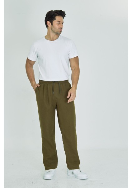 Erkek Baggy Müslin Keten Bel Bağcıklı Lastikli Düz Paça Pantolon modelleri