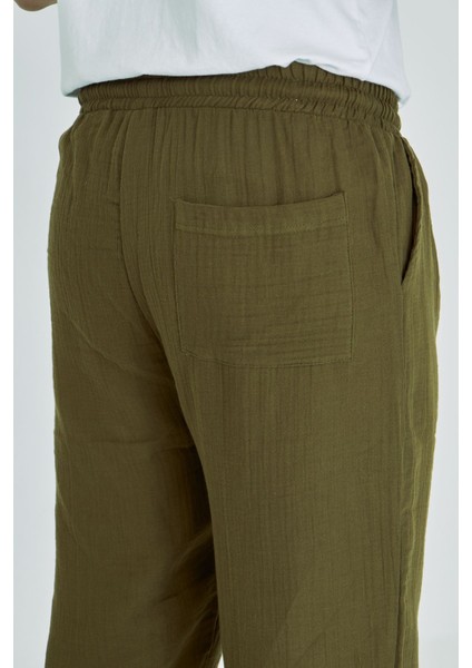 Erkek Baggy Müslin Keten Bel Bağcıklı Lastikli Düz Paça Pantolon fırsatları