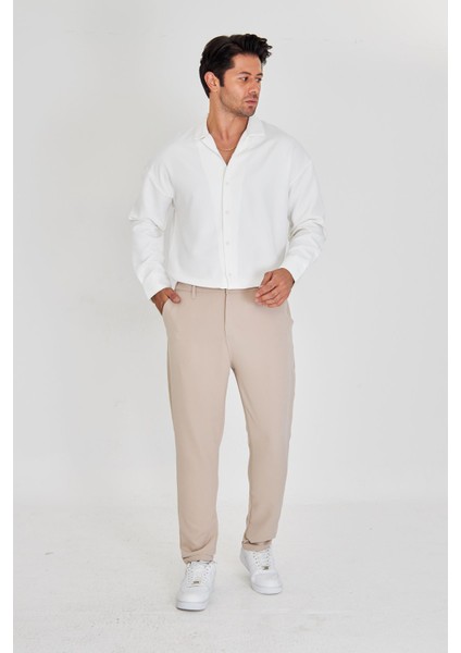 Erkek Bel Yarım Lastikli Kemerli Double Paça Dabıl Face Kumaş Slim Fit Pantolon