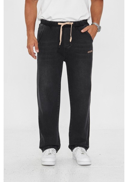 Erkek Baggy Düz Şık Etiket Detaylı Kot Pantolon 713
