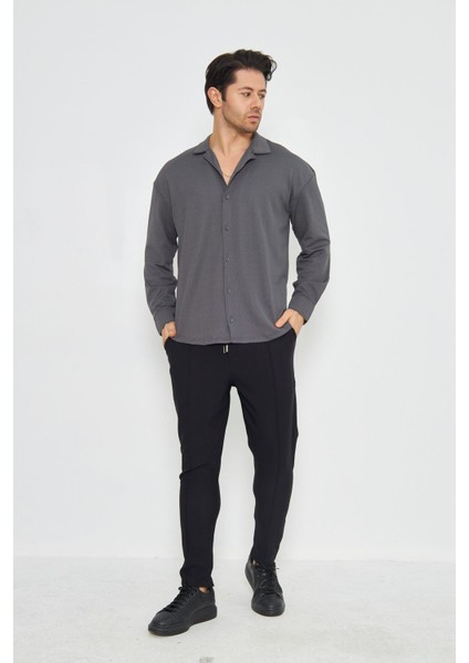 Erkek Yarım Oversize Uzun Kol Apaçi Yaka Ütü Gerektirmeyen Crep Desen Gömlek fırsatları