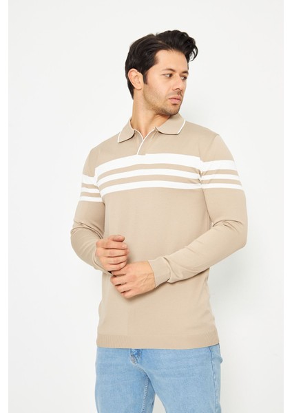 Erkek Gömlek Yaka Göğüs Çizgili Triko Kazak