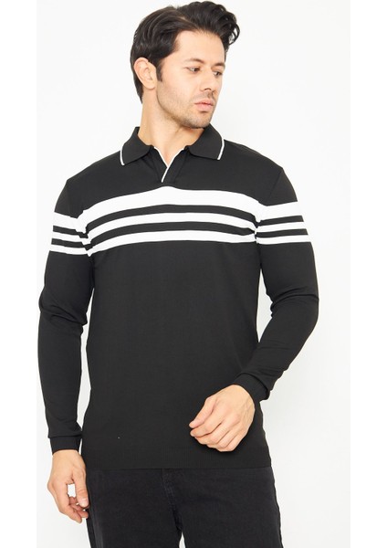 Erkek Gömlek Yaka Göğüs Çizgili Triko Kazak