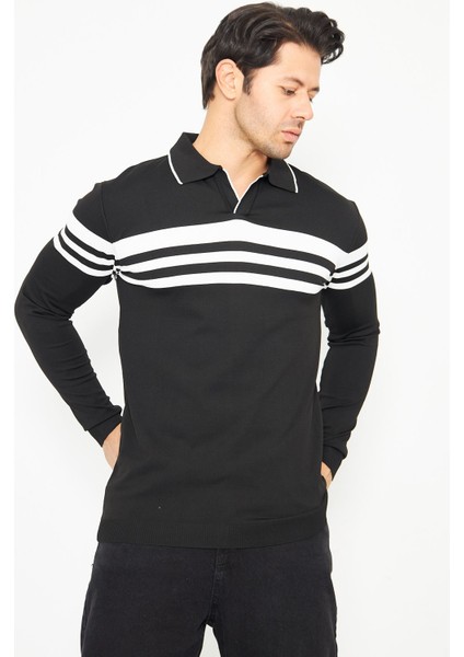 Erkek Gömlek Yaka Göğüs Çizgili Triko Kazak modelleri