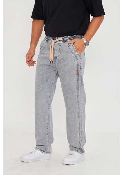 Erkek Baggy Yandan Parçalı Etiket Detaylı Düz Kot Pantolon 707