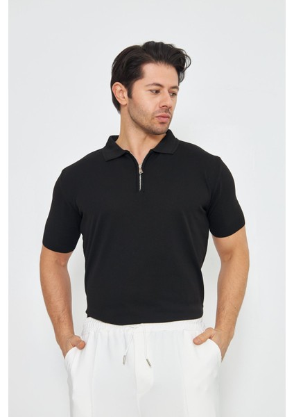Erkek Yazlık Rahat ve Trend Polo Yaka ve Dikey Fermuarlı Klasik Kısa Kollu Kazak