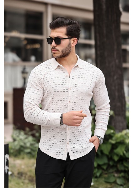 Erkek Uzun Kol Delikli Desen Örme Kumaş Regular Kalıp Kalıp Yeni Sezon Gömlek