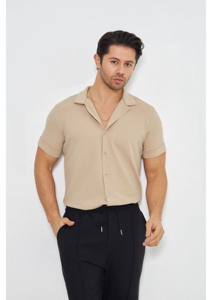 Erkek Örme Kumaş Düğmeli Apaçi Yaka Şık Crep Desen Günlük Kullanıma Uygun Kısa Kol Gömlek