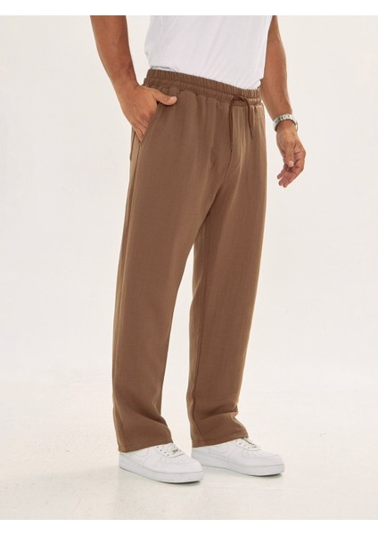 Erkek Baggy Müslin Keten Bel Bağcıklı Lastikli Düz Paça Pantolon modelleri