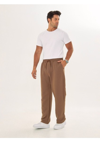 Erkek Baggy Müslin Keten Bel Bağcıklı Lastikli Düz Paça Pantolon fırsatları