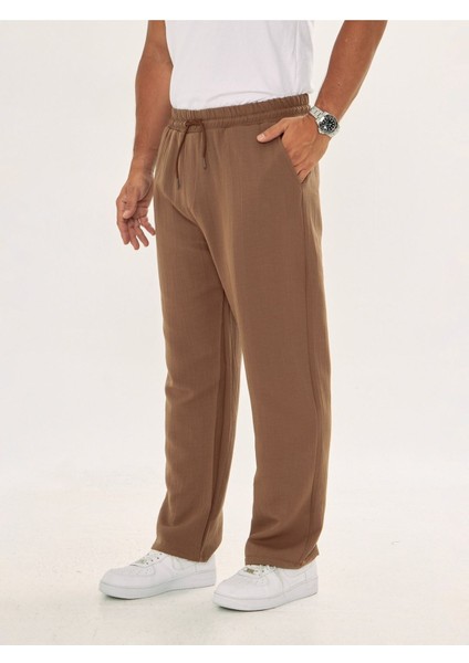 Erkek Baggy Müslin Keten Bel Bağcıklı Lastikli Düz Paça Pantolon indirimleri