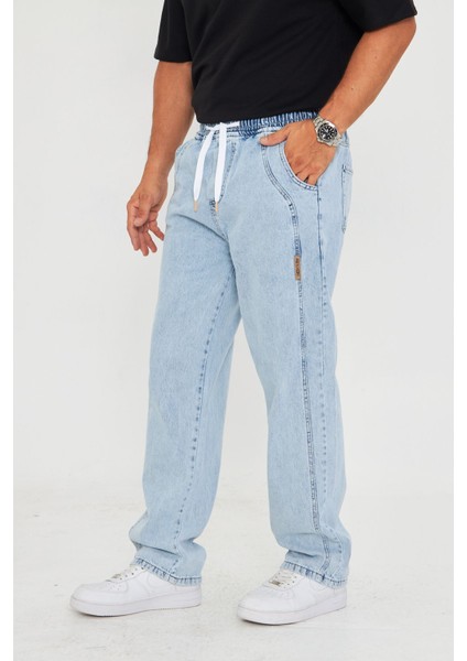 Erkek Baggy Yandan Parçalı Etiket Detaylı Düz Kot Pantolon 707