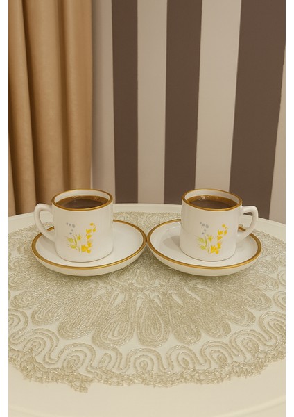 Çift Taraf Renkli Çiçek Baskılı 2 Kişilik Porselen Kahve Seti, Kenarları Gold Detaylı Fincan Takımı