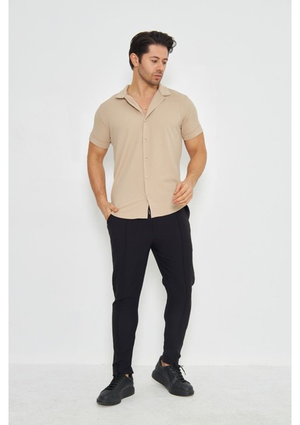 Erkek Örme Kumaş Düğmeli Apaçi Yaka Şık Crep Desen Günlük Kullanıma Uygun Kısa Kol Gömlek modelleri