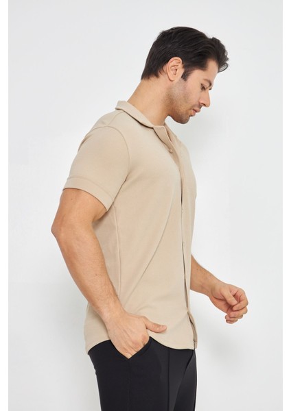 Erkek Örme Kumaş Düğmeli Apaçi Yaka Şık Crep Desen Günlük Kullanıma Uygun Kısa Kol Gömlek indirimleri