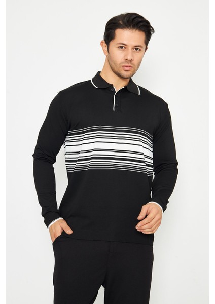 Erkek Göğüs Çizgili Örme Kazak Şık ve Rahat Günlük Kullanıma Uygun Düğmeli Polo Yaka Kısa Kol Kazak